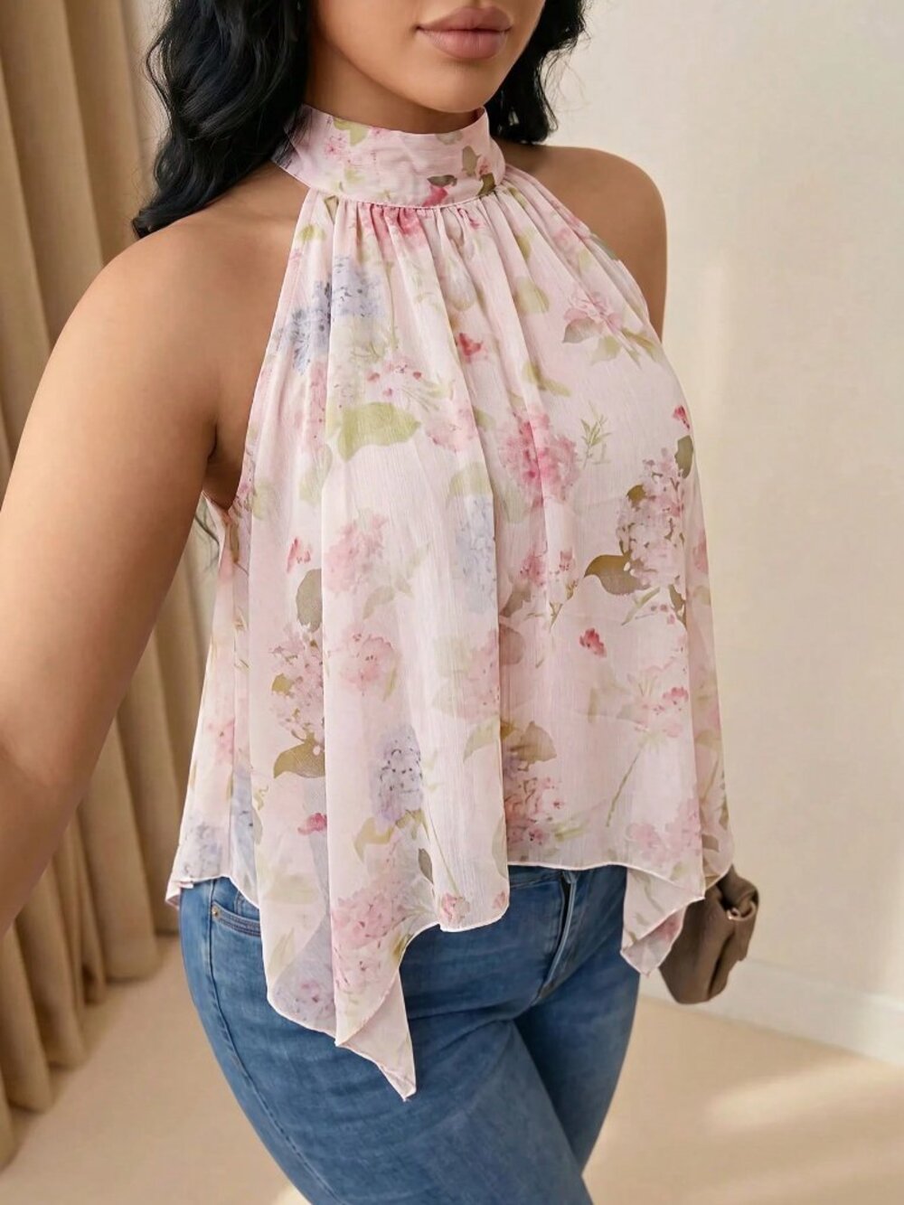 Pink Boho Women's Halter Neck Tie Collar Ruched Floral Print Blouse